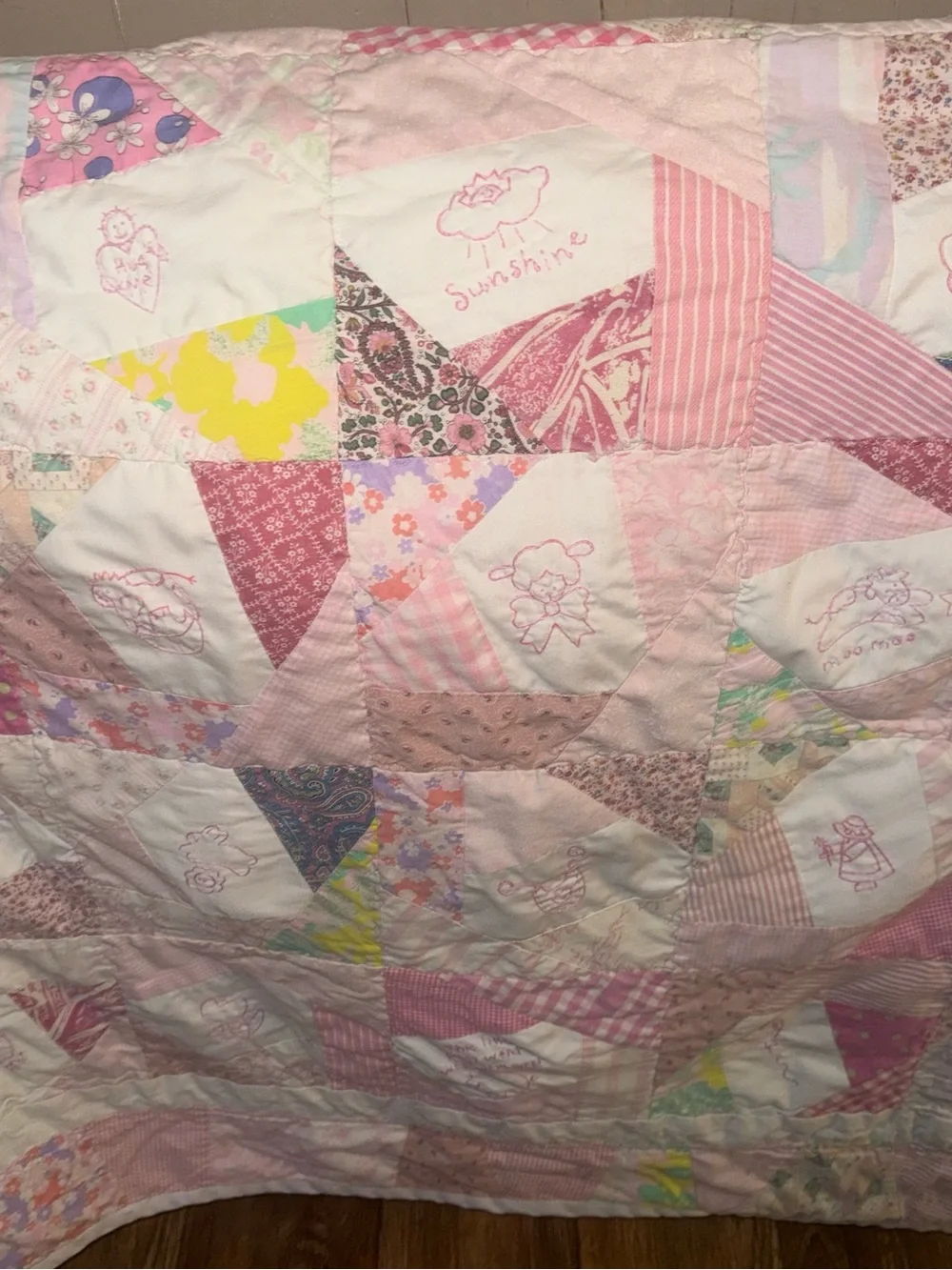Handmade Pink Patchwork Quilt - Soft Floral & Embroidered Design